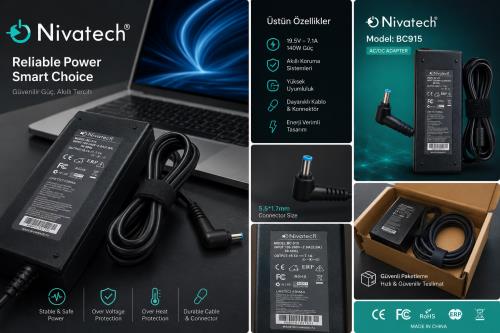 NIVATECH BC915 GAMING 19.5v 7.1A 140W (5.5*1.7) ACER MAVİ UYUMLU ŞARJ ADAPTÖRÜ